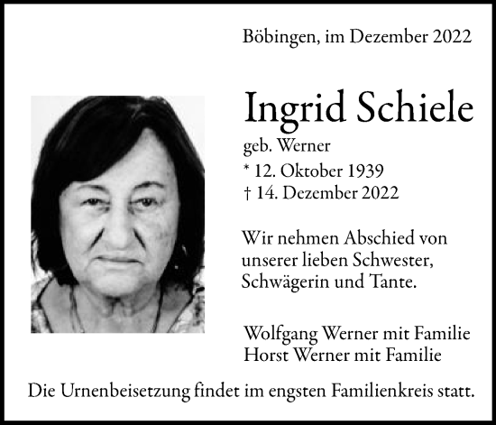 Traueranzeige von Ingrid Schiele von Gmünder Tagespost