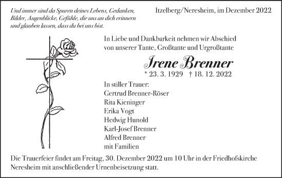 Traueranzeige von Irene Brenner von Schwäbische Post
