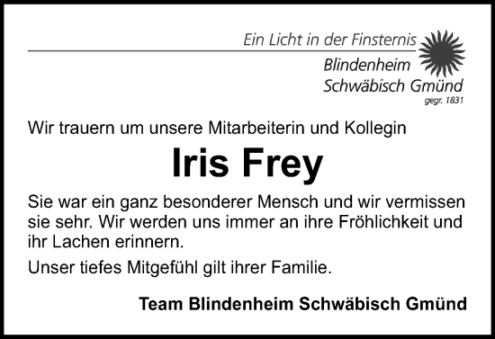 Traueranzeige von Iris Frey von Gmünder Tagespost