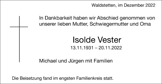 Traueranzeige von Isolde Vester von Gmünder Tagespost