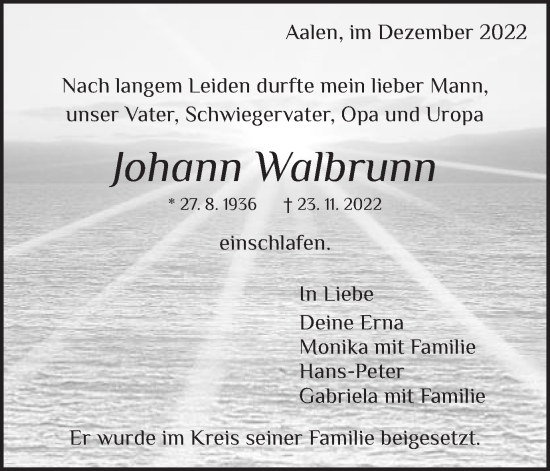 Traueranzeige von Johann Walbrunn von Schwäbische Post