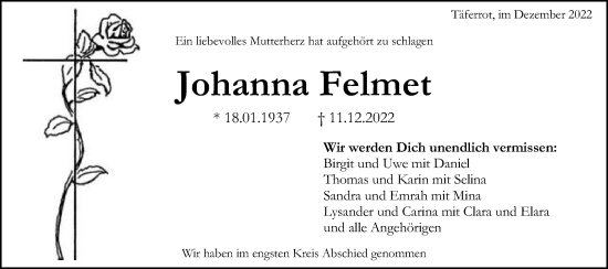 Traueranzeige von Johanna Felmet von Gmünder Tagespost
