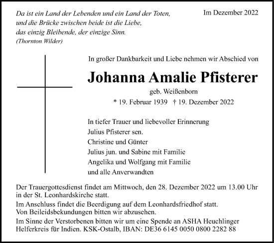 Traueranzeige von Johanna Amalie Pfisterer von Gmünder Tagespost