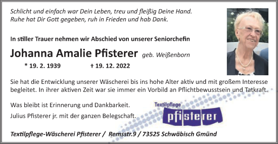 Traueranzeige von Johanna Amalie Pfisterer von Gmünder Tagespost