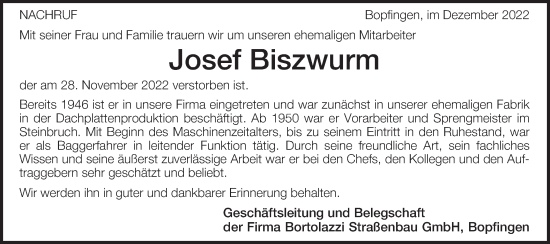 Traueranzeige von Josef Biszwurm von Schwäbische Post
