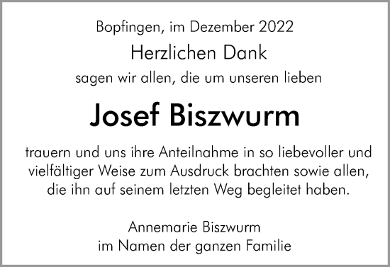 Traueranzeige von Josef Biszwurm von Schwäbische Post