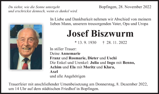 Traueranzeige von Josef Biszwurm von Schwäbische Post