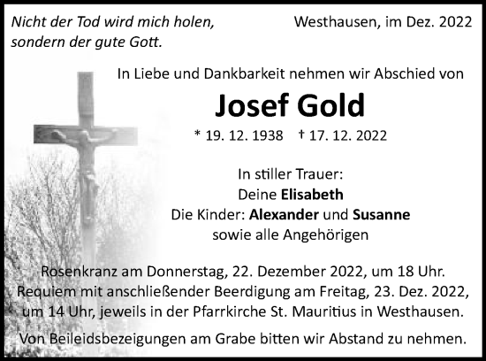 Traueranzeige von Josef Gold von Schwäbische Post