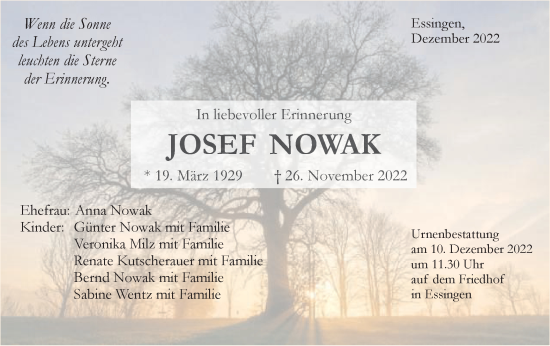 Traueranzeige von Josef Nowak von Schwäbische Post