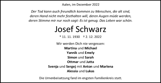 Traueranzeige von Josef Schwarz von Schwäbische Post