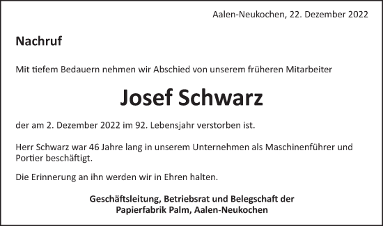 Traueranzeige von Josef Schwarz von Schwäbische Post