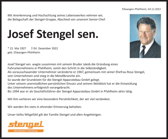 Traueranzeige von Josef Stengel von Schwäbische Post