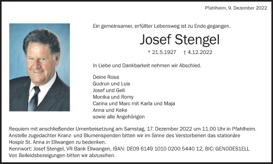 Traueranzeige von Josef Stengel von Schwäbische Post