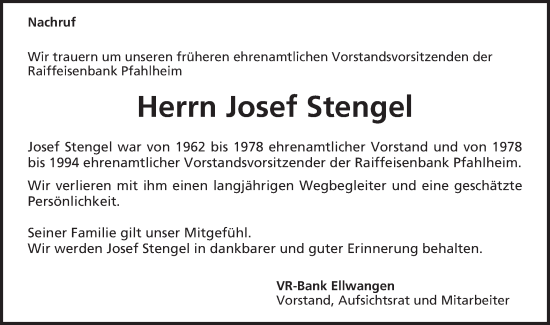 Traueranzeige von Josef Stengel von Schwäbische Post