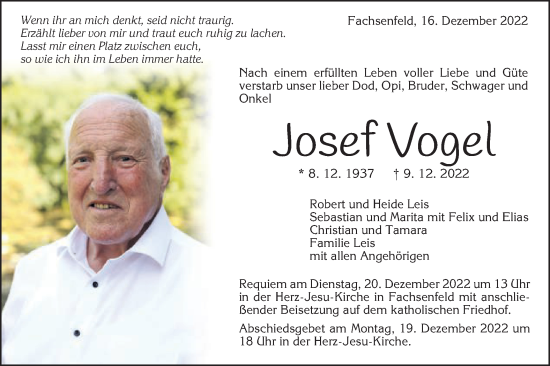 Traueranzeige von Josef Vogel von Schwäbische Post