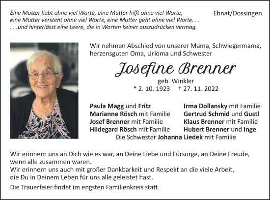 Traueranzeige von Josefine Brenner von Schwäbische Post