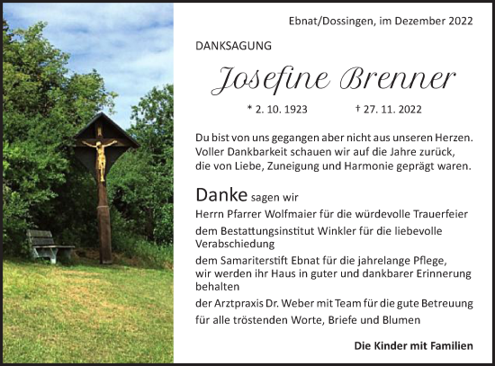 Traueranzeige von Josefine Brenner von Schwäbische Post