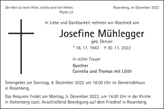 Traueranzeige von Josefine Mühlegger von Schwäbische Post