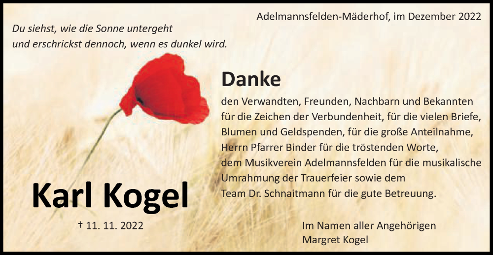 Traueranzeige für Karl Kogel vom 10.12.2022 aus Schwäbische Post