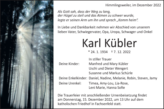 Traueranzeige von Karl Kübler von Schwäbische Post