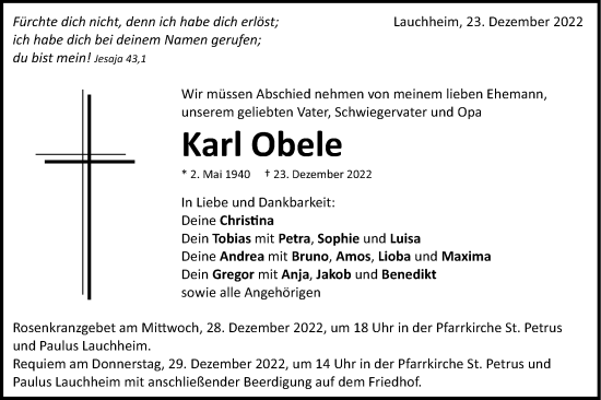 Traueranzeige von Karl Obele von Schwäbische Post