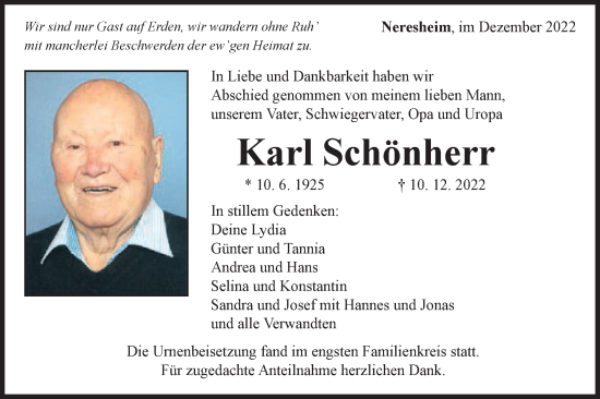 Traueranzeige von Karl Schönherr von Schwäbische Post