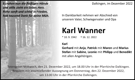 Traueranzeige von Karl Wanner von Schwäbische Post