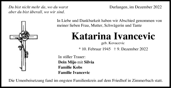 Traueranzeige von Katarina Ivancevic von Gmünder Tagespost