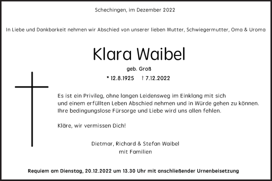 Traueranzeige von Klara Waibel von Gmünder Tagespost