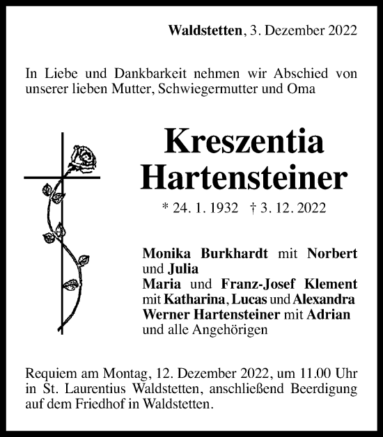 Traueranzeige von Kreszentia Hartensteiner von Gmünder Tagespost