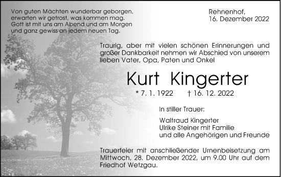 Traueranzeige von Kurt Kingerter von Gmünder Tagespost