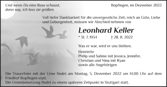 Traueranzeige von Leonhard Keller von Schwäbische Post