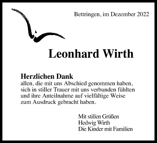 Traueranzeige von Leonhard Wirth von Schwäbische Post