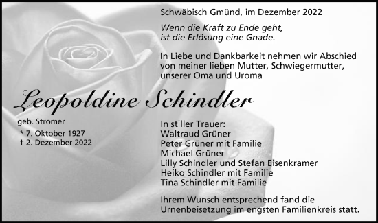 Traueranzeige von Leopoldine Schindler von Gmünder Tagespost