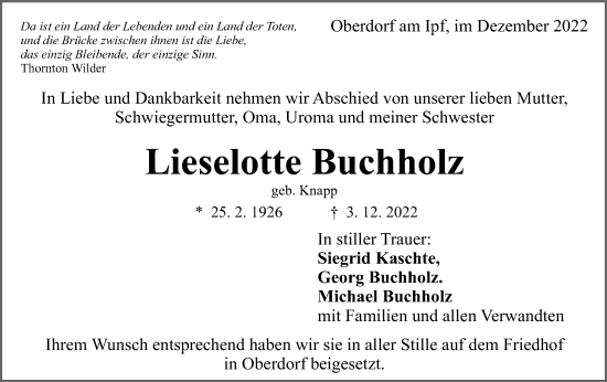 Traueranzeige von Lieselotte Buchholz von Schwäbische Post