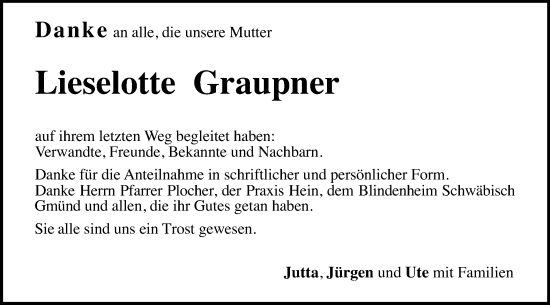 Traueranzeige von Lieselotte Graupner von Gmünder Tagespost
