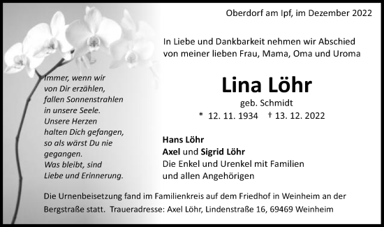 Traueranzeige von Lina Löhr von Schwäbische Post