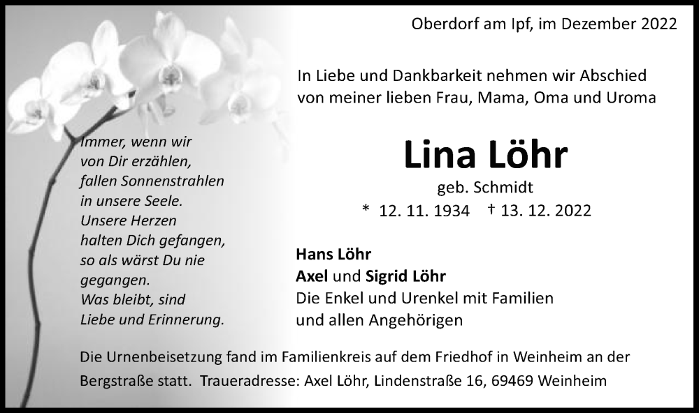  Traueranzeige für Lina Löhr vom 31.12.2022 aus Schwäbische Post