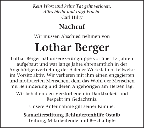 Traueranzeige von Lothar Berger von Schwäbische Post