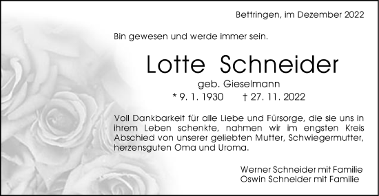 Traueranzeige von Lotte Schneider von Gmünder Tagespost