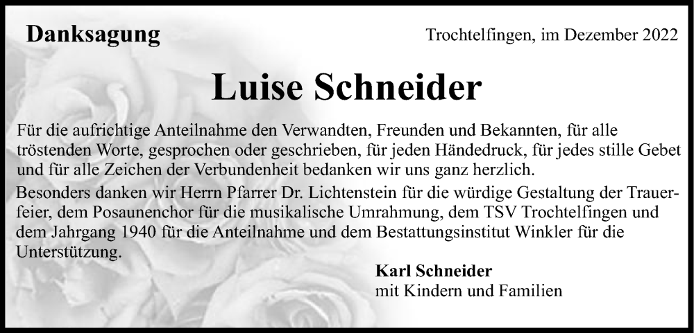  Traueranzeige für Luise Schneider vom 29.12.2022 aus Schwäbische Post