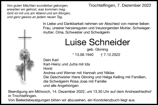 Traueranzeige von Luise Schneider von Schwäbische Post
