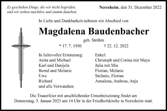 Traueranzeige von Magdalena Baudenbacher von Schwäbische Post