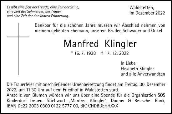 Traueranzeige von Manfred Klingler von Gmünder Tagespost