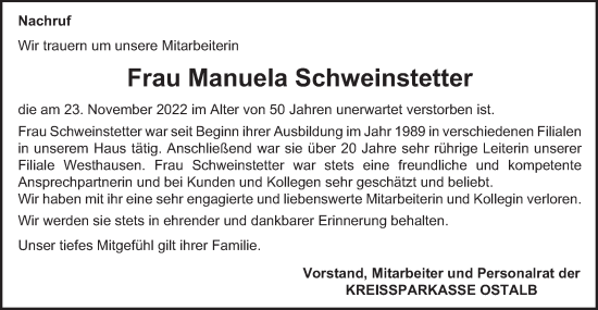 Traueranzeige von Manuela Schweinstetter von Schwäbische Post