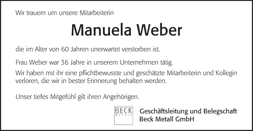  Traueranzeige für Manuela Weber vom 06.12.2022 aus Gmünder Tagespost