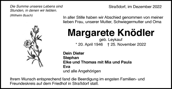 Traueranzeige von Margarete Knödler von Gmünder Tagespost