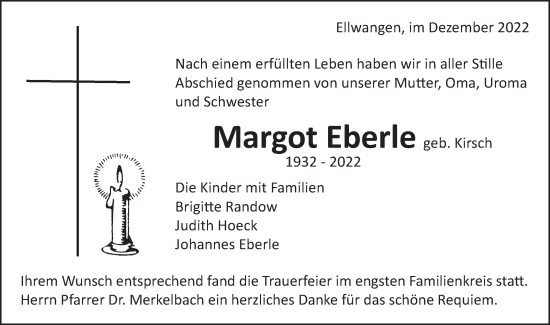 Traueranzeige von Margot Eberle von Schwäbische Post