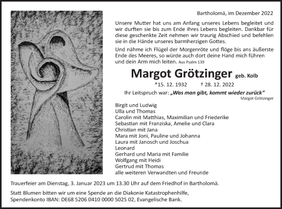 Traueranzeige von Margot Grötzinger von Schwäbische Post