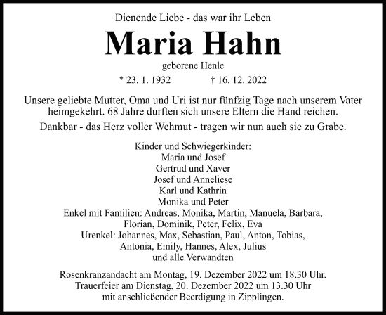 Traueranzeige von Maria Hahn von Schwäbische Post
